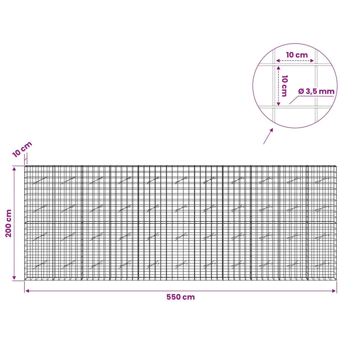 Gabion with 3.5 mm Wire and 10x10 cm Mesh 550x10x200 cm