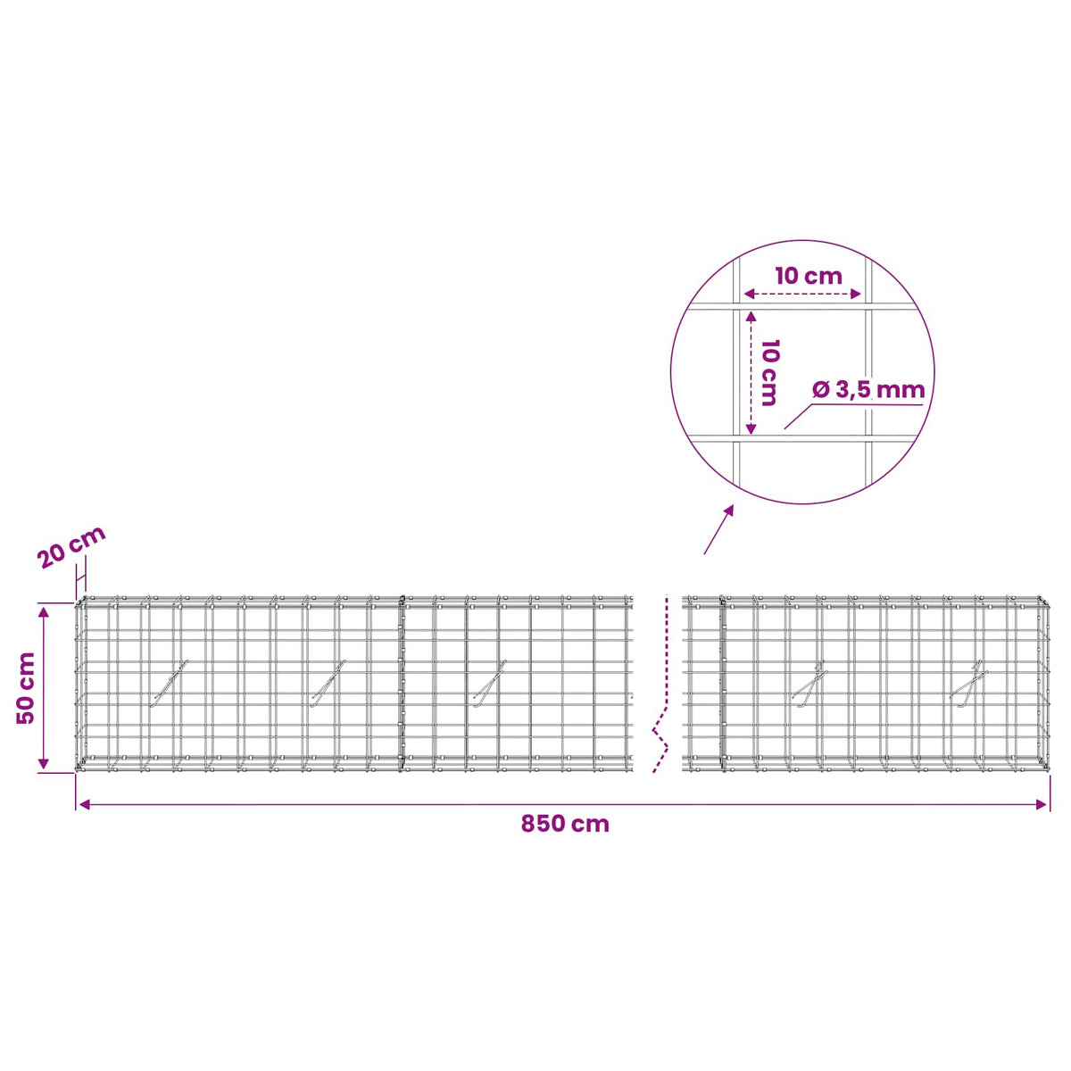 Gabion with 3.5 mm Wire and 10x10 cm Mesh 850x20x50 cm