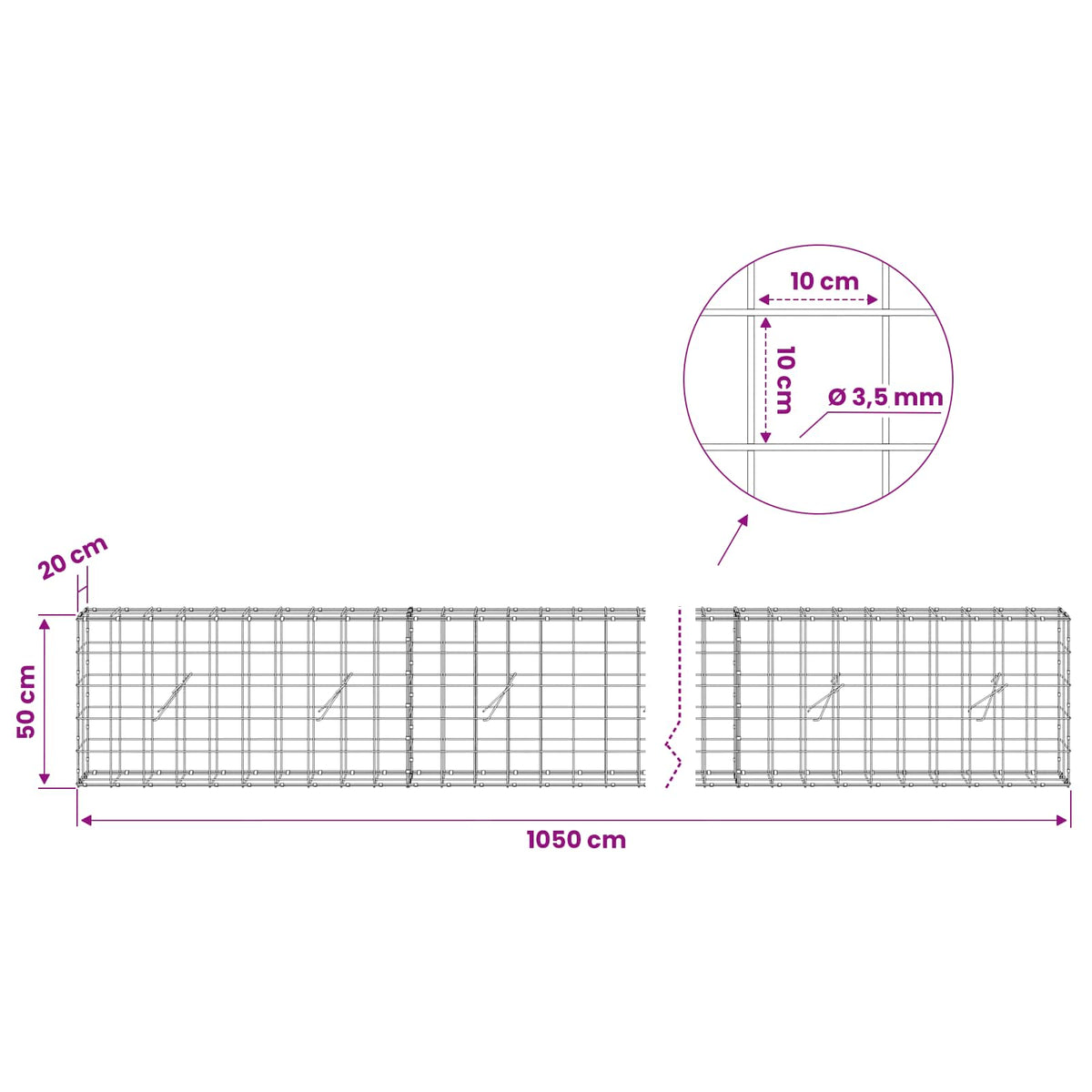 Gabion with 3.5 mm Wire and 10x10 cm Mesh 1050x20x50 cm