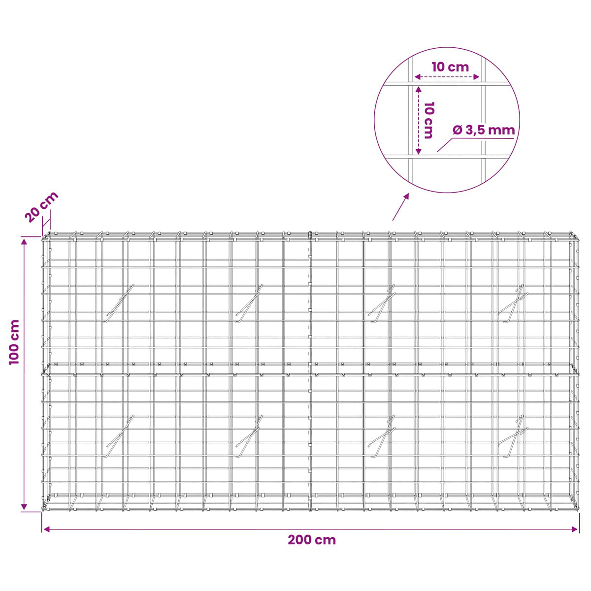 Gabion with 3.5 mm Wire and 10x10 cm Mesh 200x20x100 cm