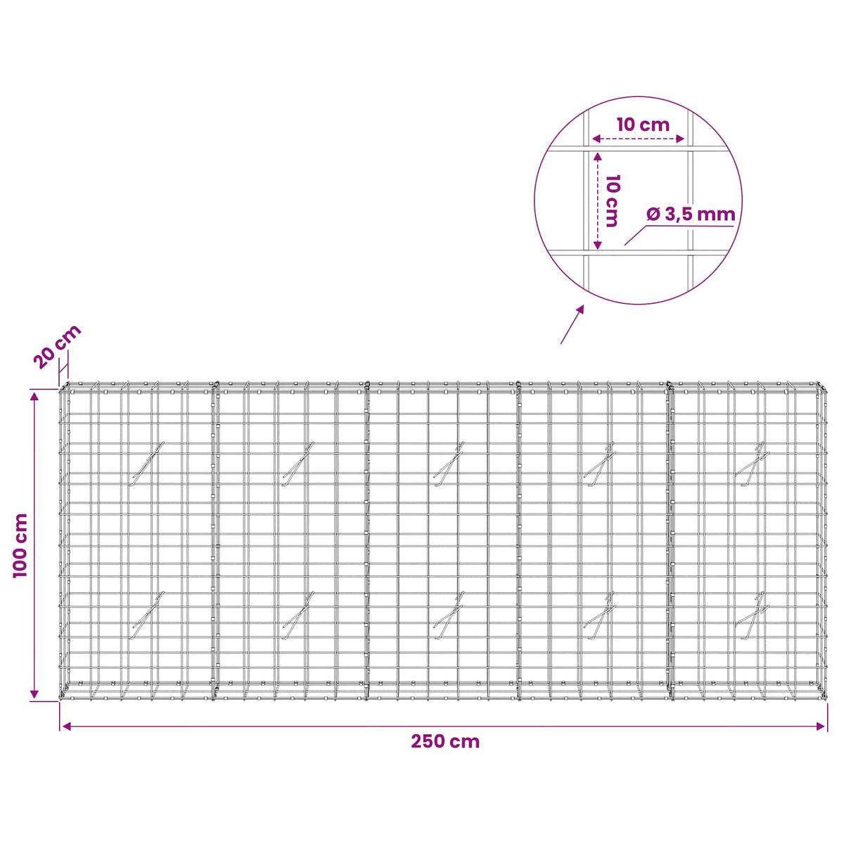 Gabion with 3.5 mm Wire and 10x10 cm Mesh 250x20x100 cm