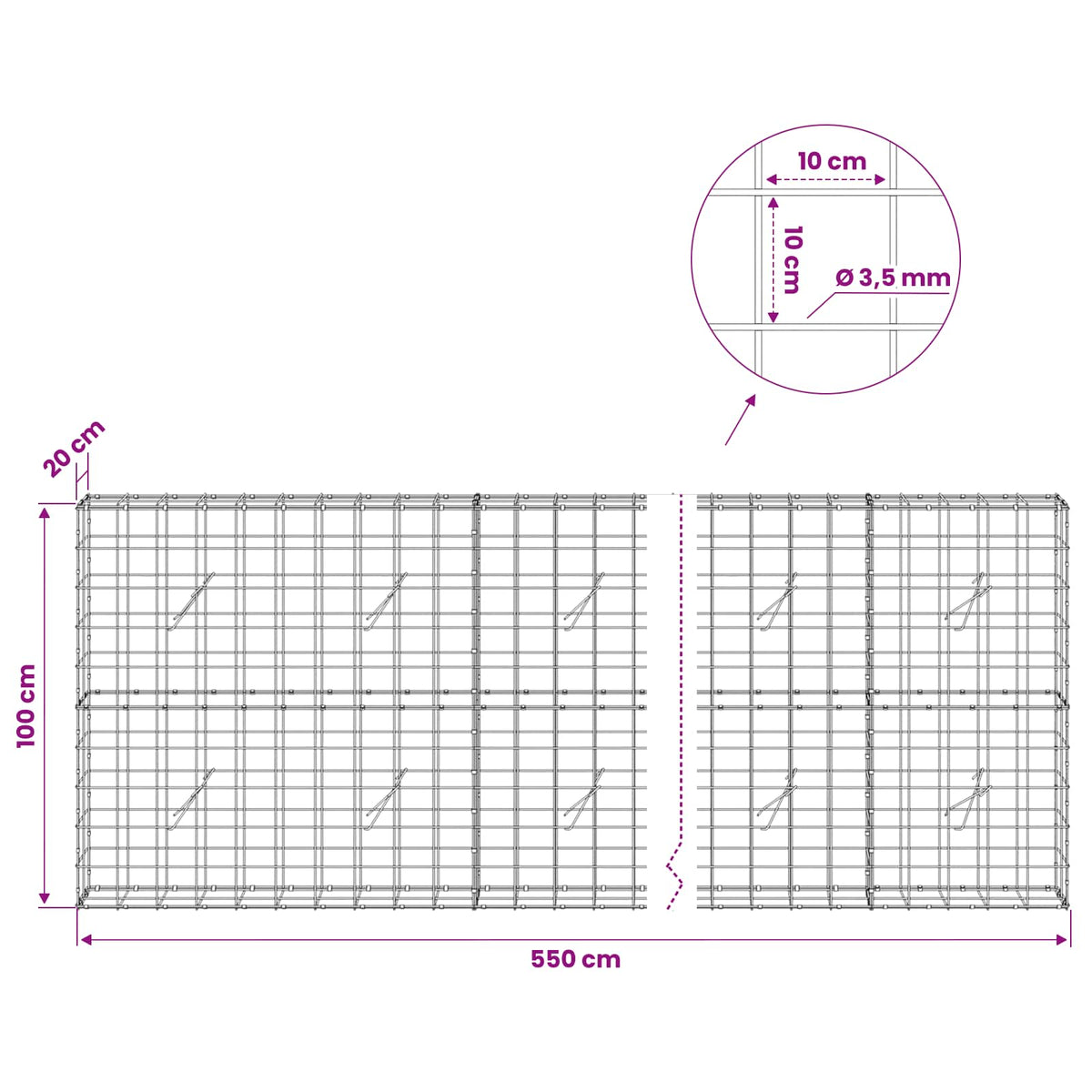 Gabion with 3.5 mm Wire and 10x10 cm Mesh 550x20x100 cm