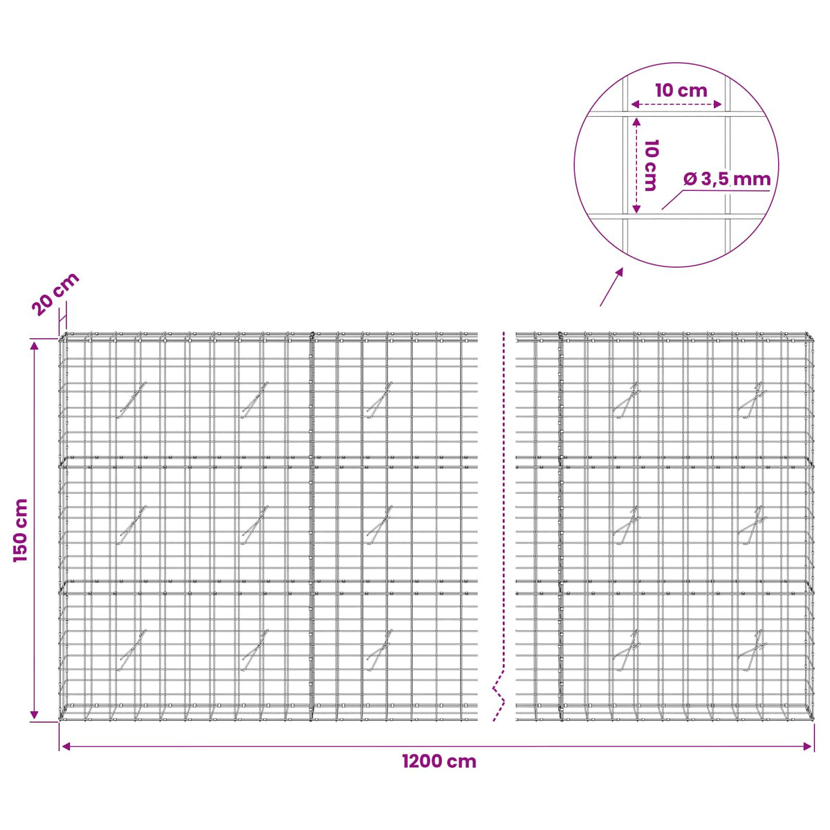 Gabion with 3.5 mm Wire and 10x10 cm Mesh 1200x20x150 cm
