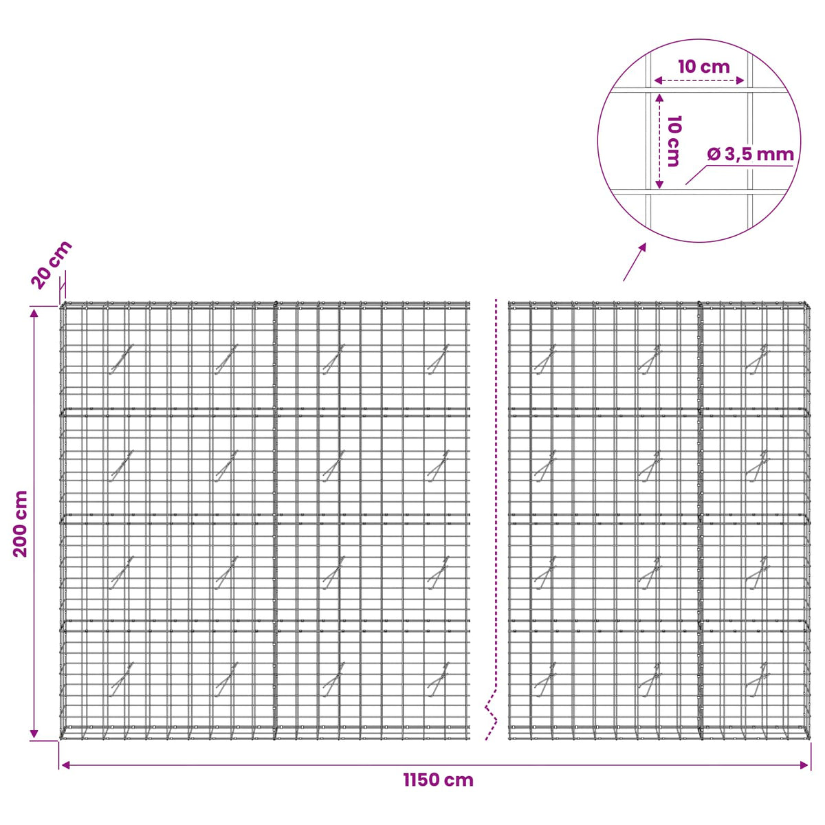 Gabion with 3.5 mm Wire and 10x10 cm Mesh 1150x20x200 cm