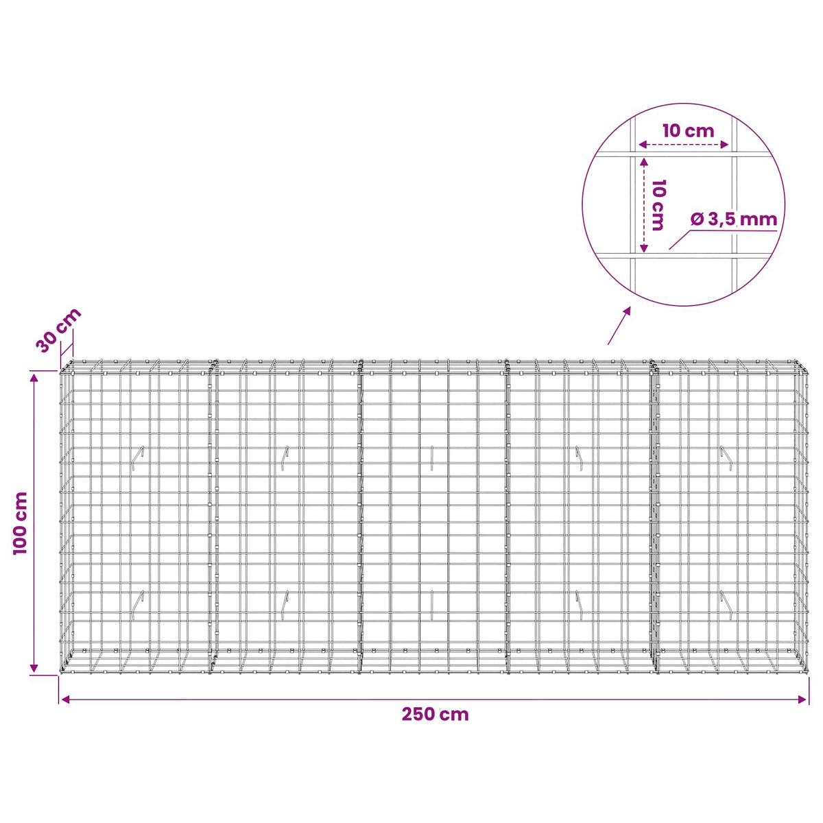 Gabion with 3.5 mm Wire and 10x10 cm Mesh 250x30x100 cm