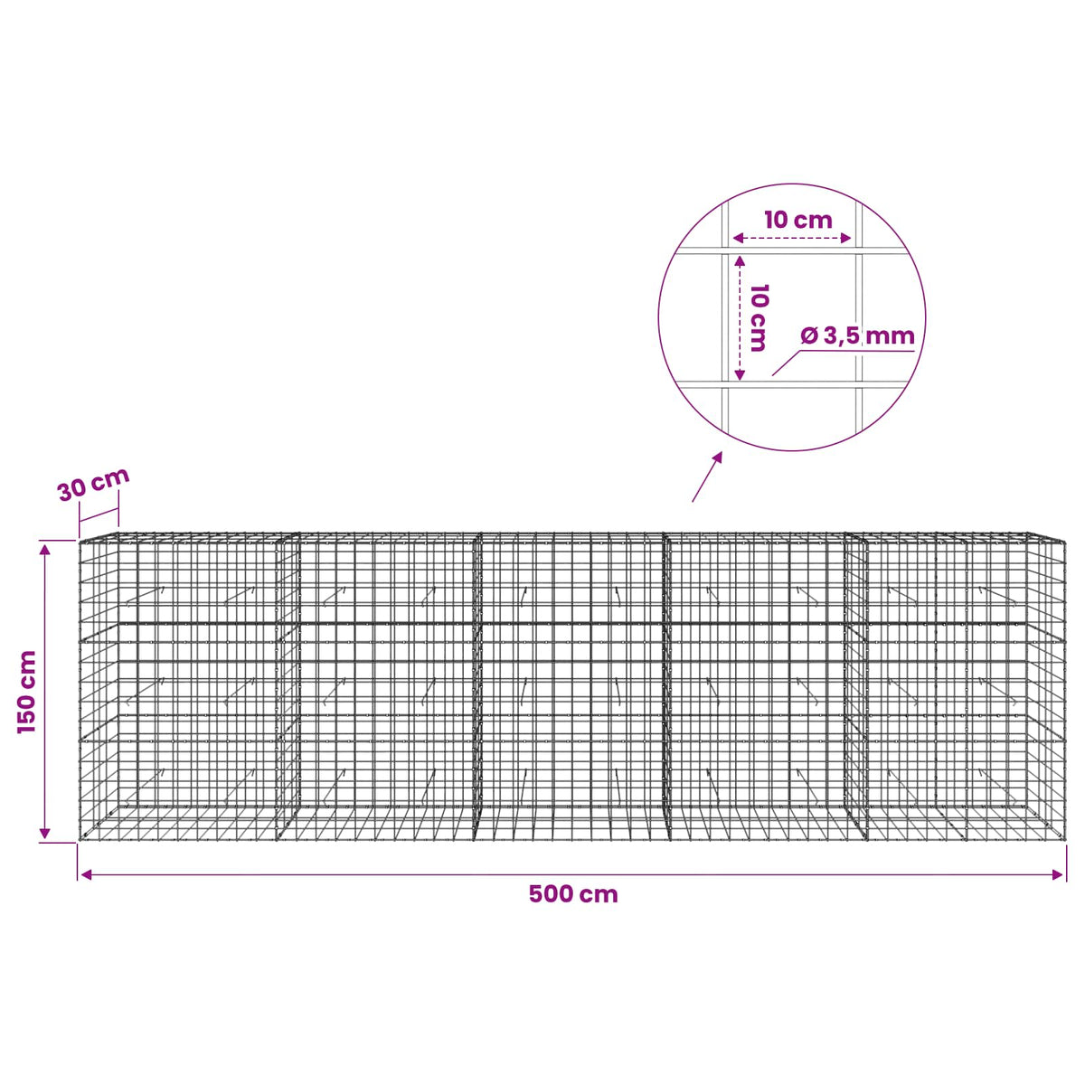 Gabion with 3.5 mm Wire and 10x10 cm Mesh 500x30x150 cm