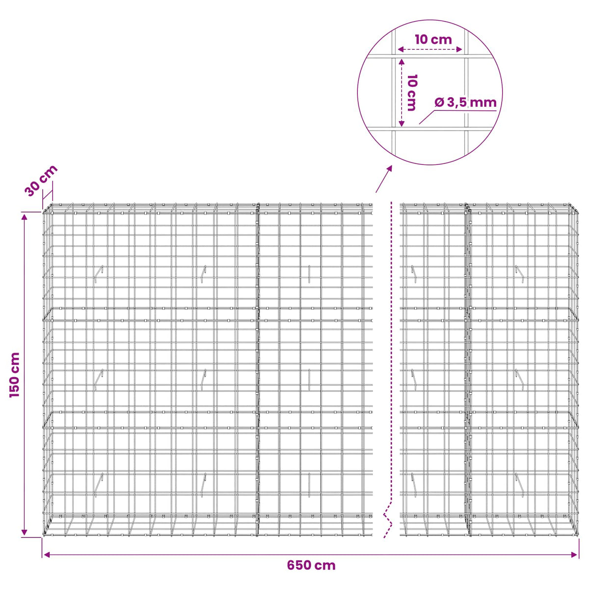 Gabion with 3.5 mm Wire and 10x10 cm Mesh 650x30x150 cm