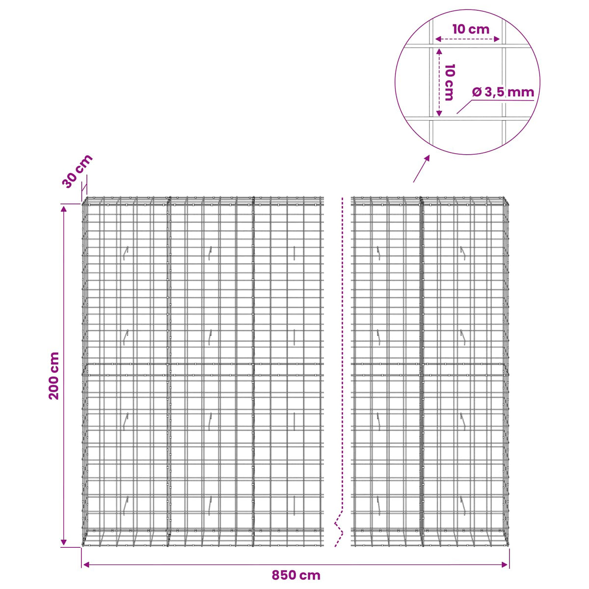 Gabion with 3.5 mm Wire and 10x10 cm Mesh 850x30x200 cm