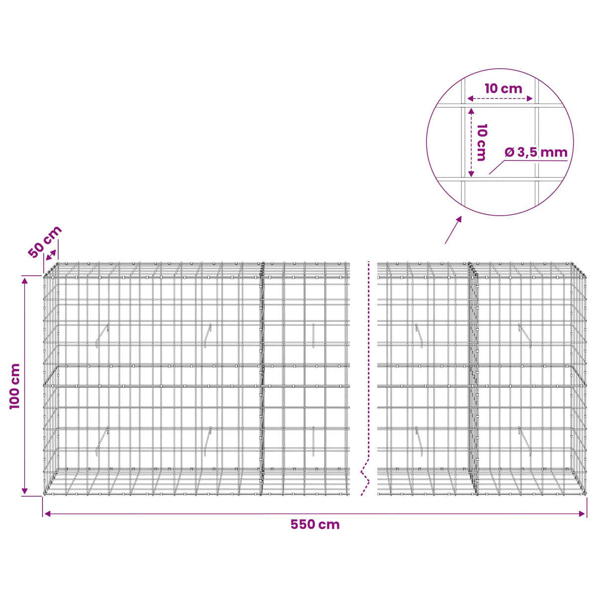 Gabion with 3.5 mm Wire and 10x10 cm Mesh 550x50x100 cm
