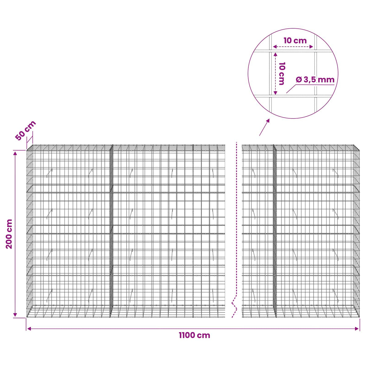 Gabion with 3.5 mm Wire and 10x10 cm Mesh 1100x50x200 cm