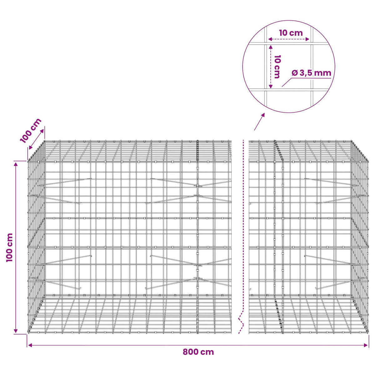 Gabion with 3.5 mm Wire and 10x10 cm Mesh 800x100x100 cm