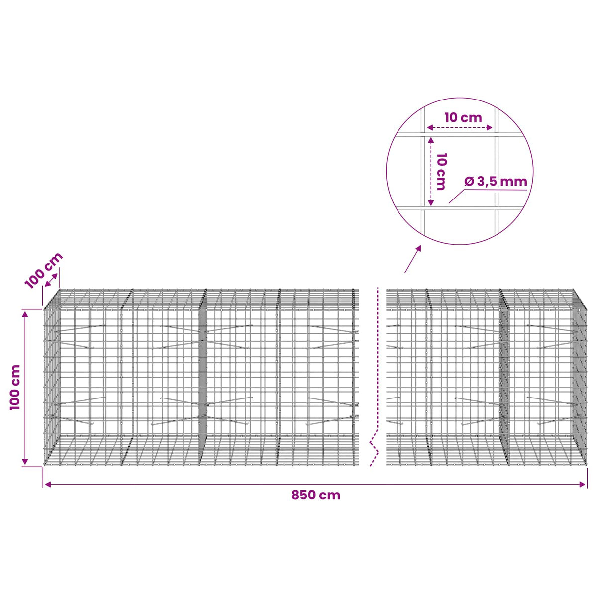 Gabion with 3.5 mm Wire and 10x10 cm Mesh 850x100x100 cm