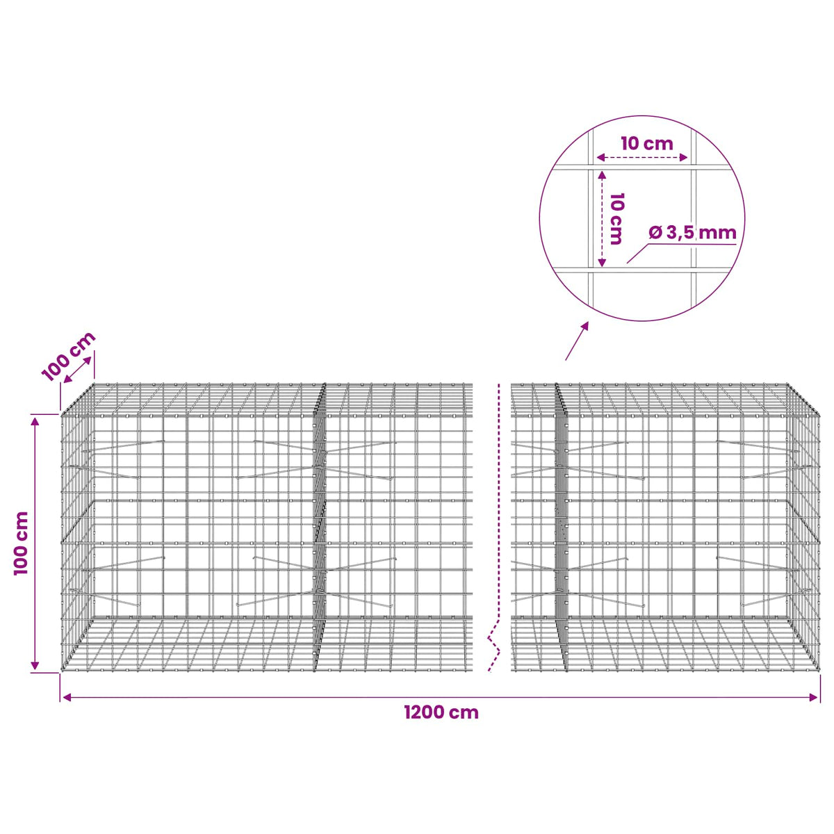 Gabion with 3.5 mm Wire and 10x10 cm Mesh 1200x100x100 cm