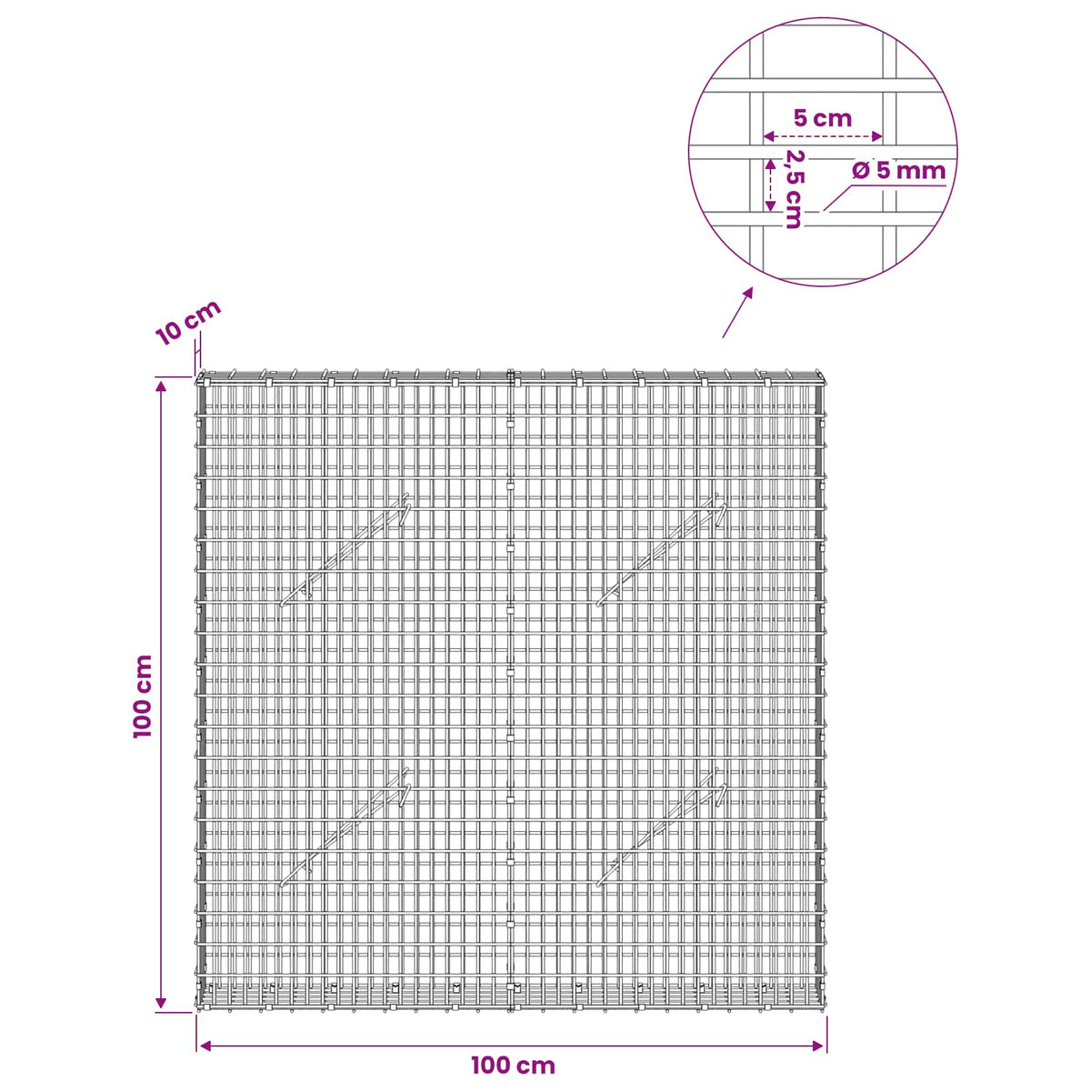 Gabion with 5 mm Wire and 5x2.5 cm Mesh 100x10x100 cm