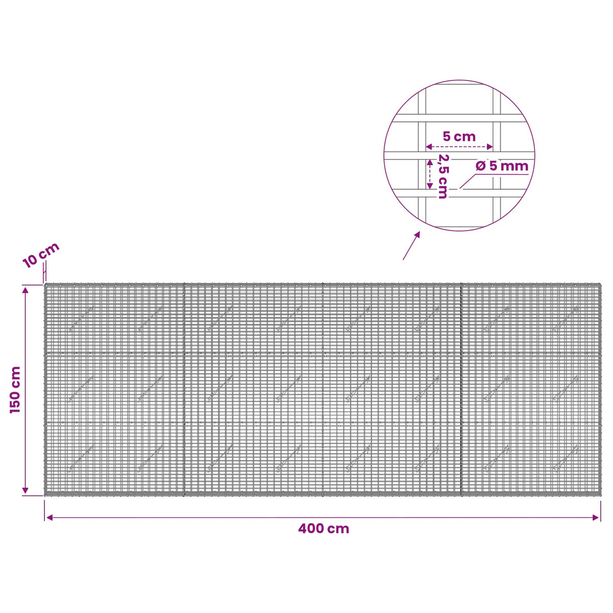 Gabion with 5 mm Wire and 5x2.5 cm Mesh 400x10x150 cm