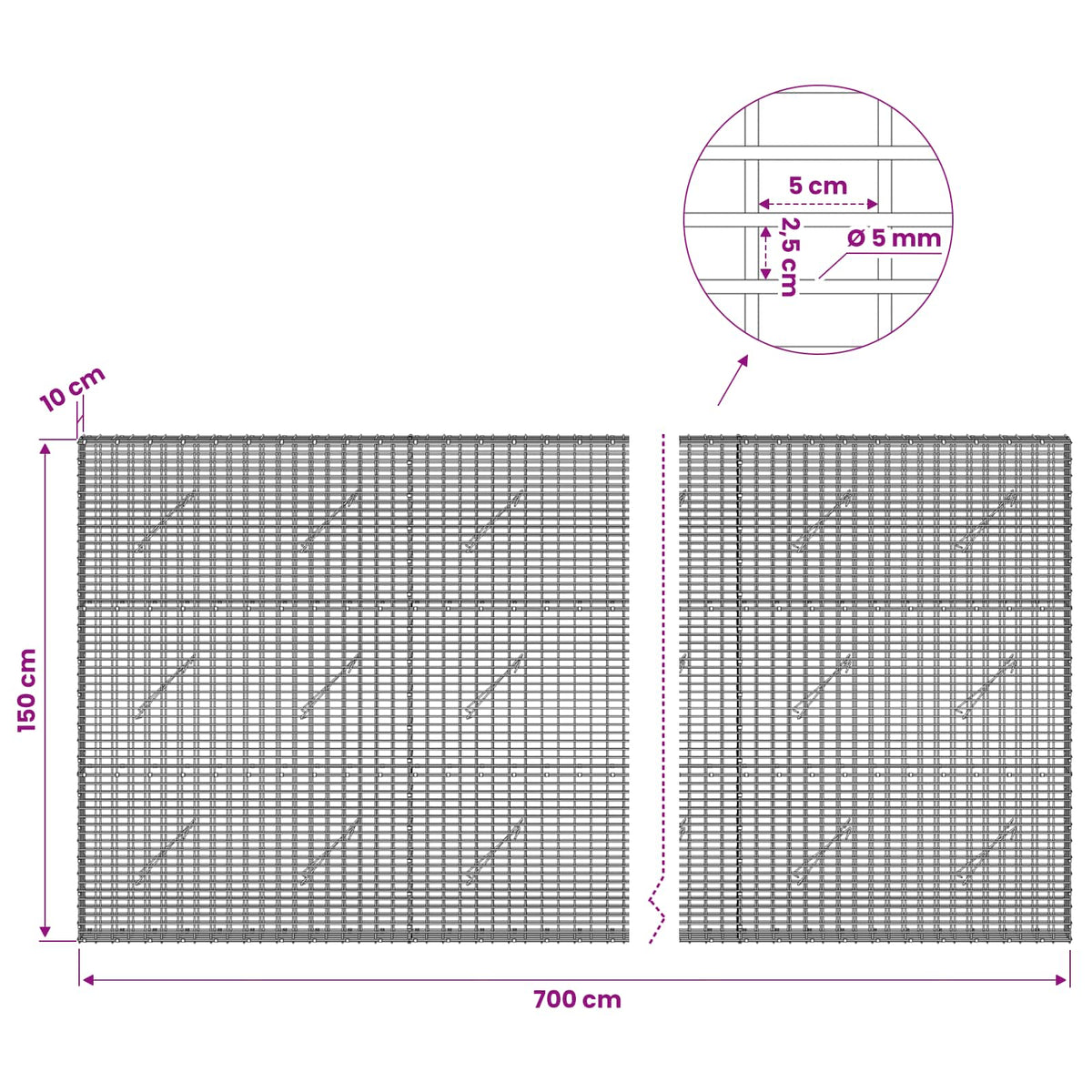 Gabion with 5 mm Wire and 5x2.5 cm Mesh 700x10x150 cm