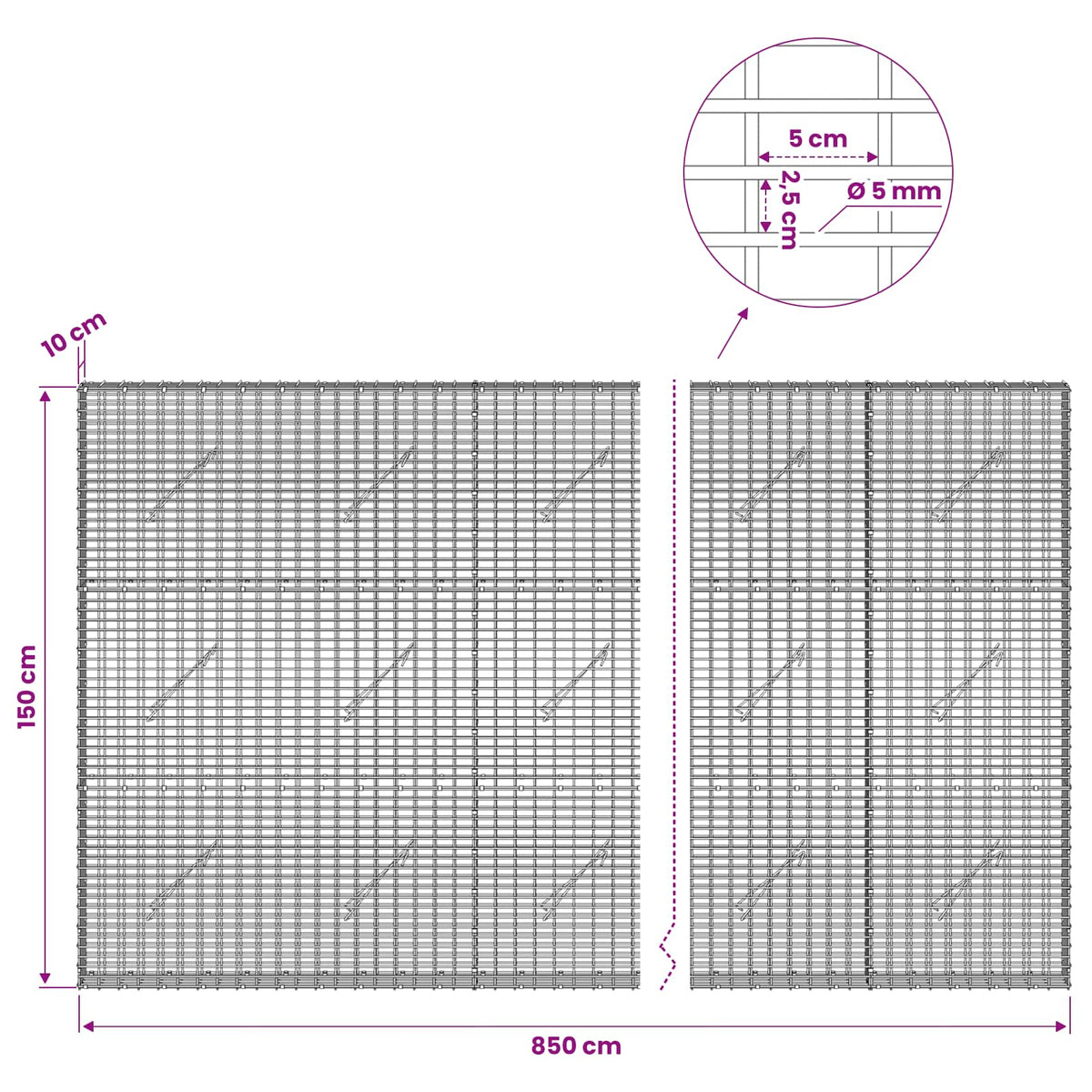 Gabion with 5 mm Wire and 5x2.5 cm Mesh 850x10x150 cm