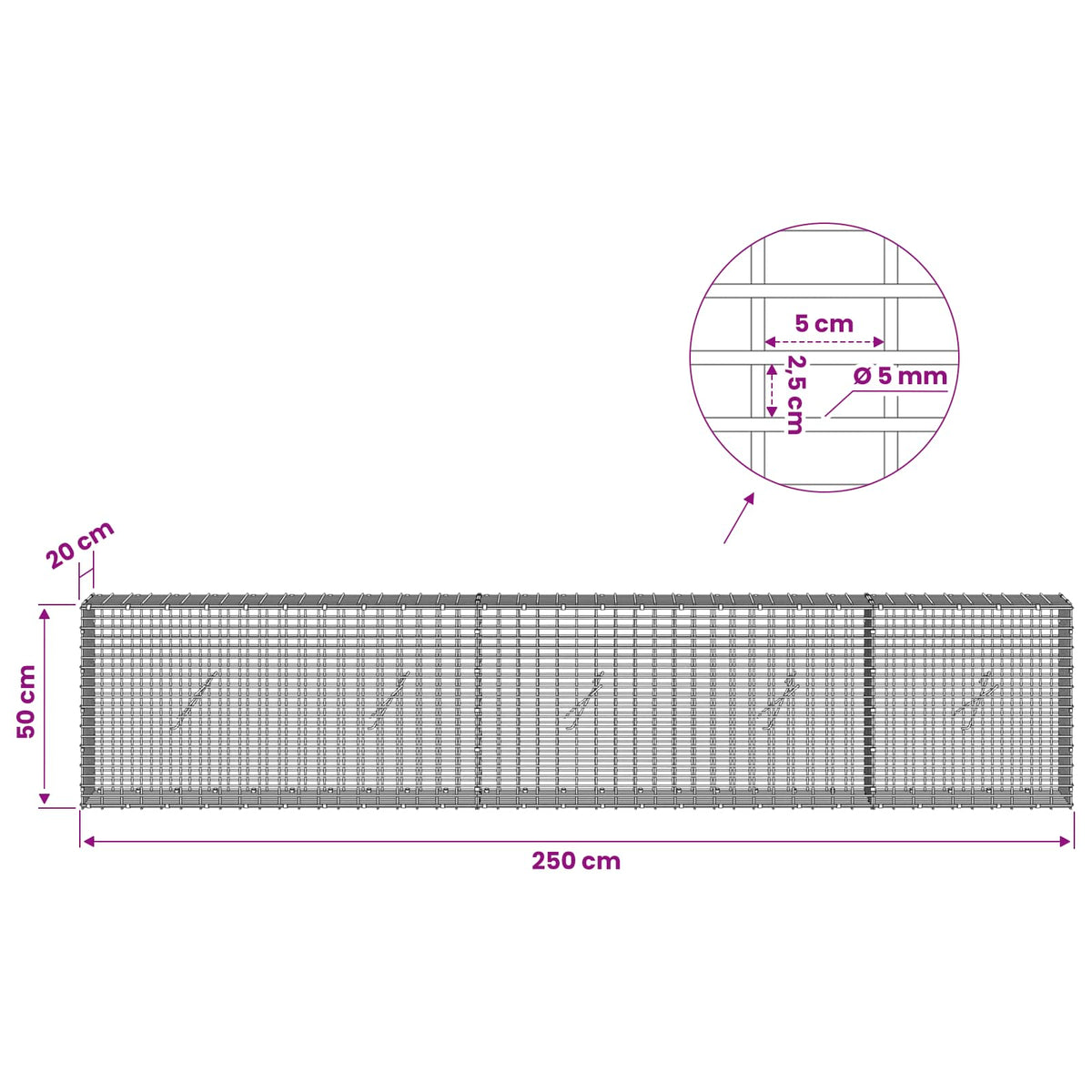 Gabion with 5 mm Wire and 5x2.5 cm Mesh 250x20x50 cm
