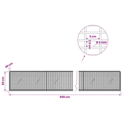 Gabion with 5 mm Wire and 5x2.5 cm Mesh 600x20x50 cm