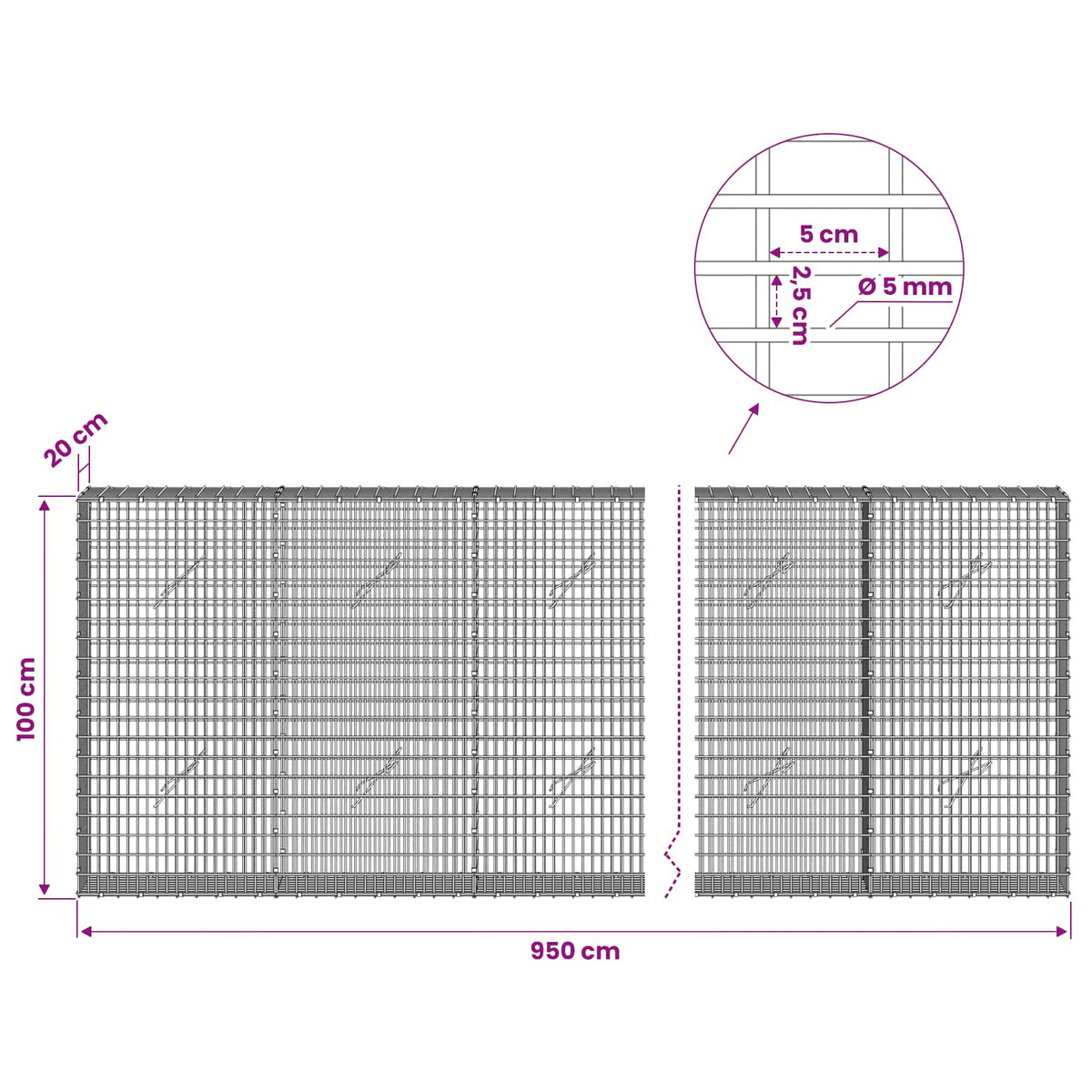 Gabion with 5 mm Wire and 5x2.5 cm Mesh 950x20x100 cm