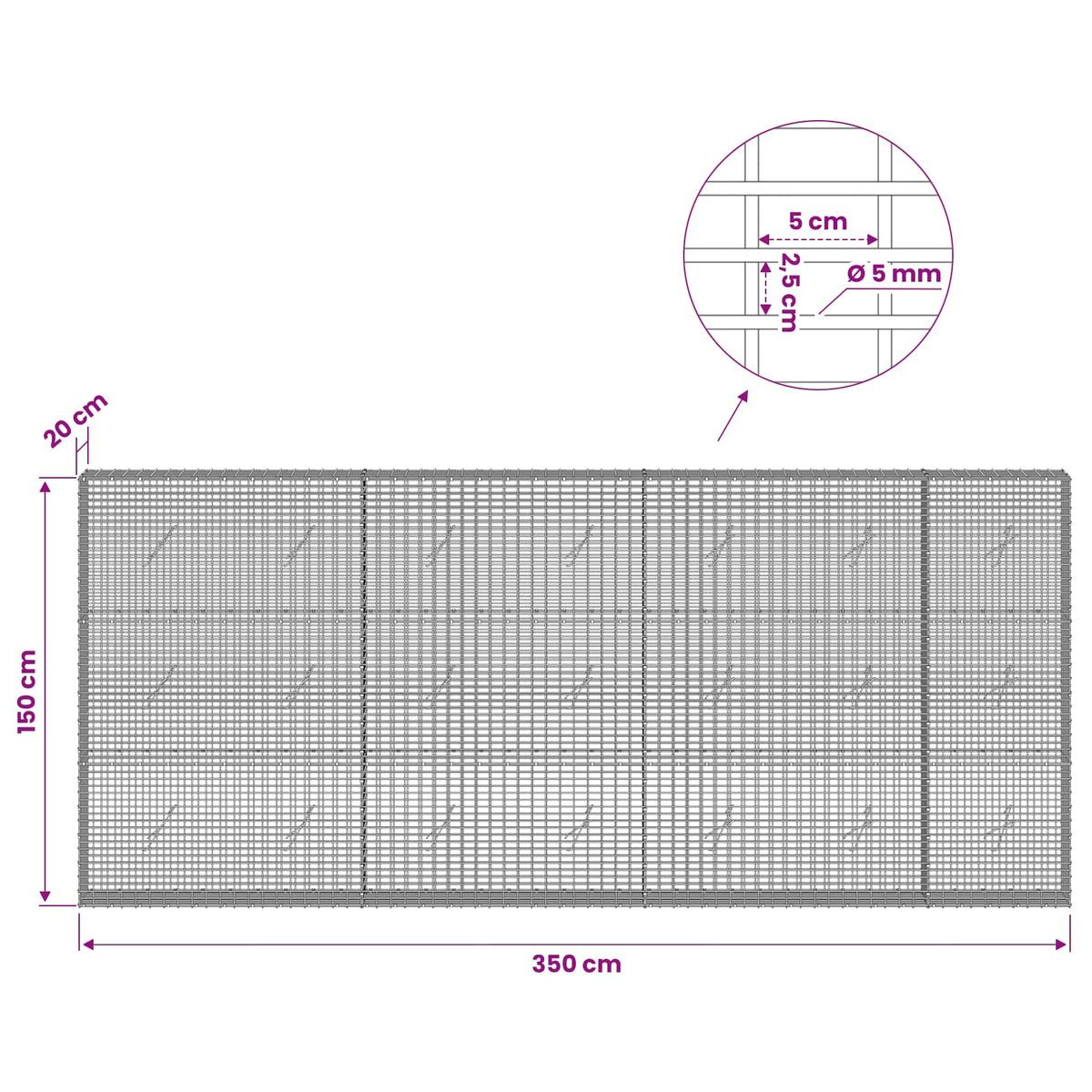 Gabion with 5 mm Wire and 5x2.5 cm Mesh 350x20x150 cm
