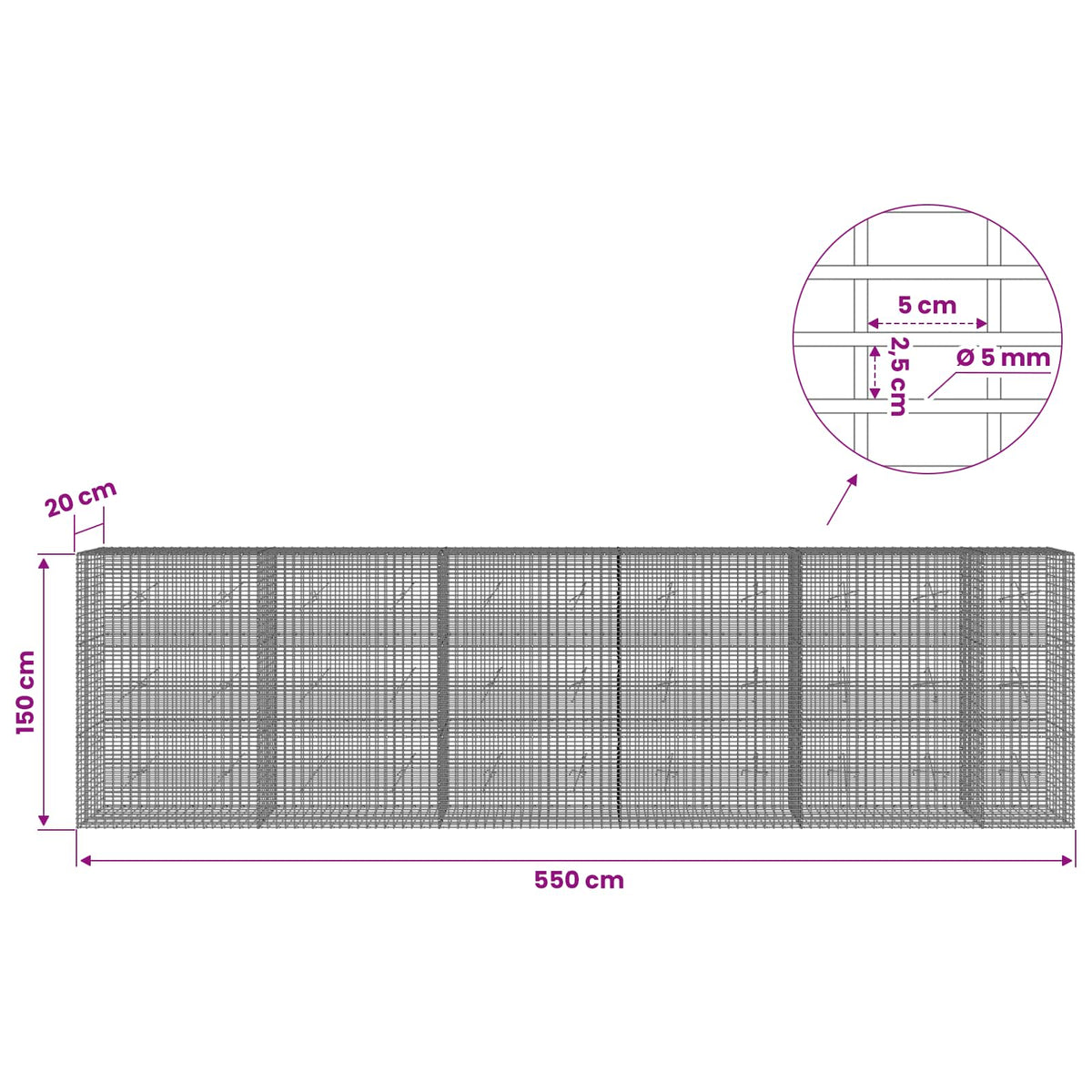 Gabion with 5 mm Wire and 5x2.5 cm Mesh 550x20x150 cm