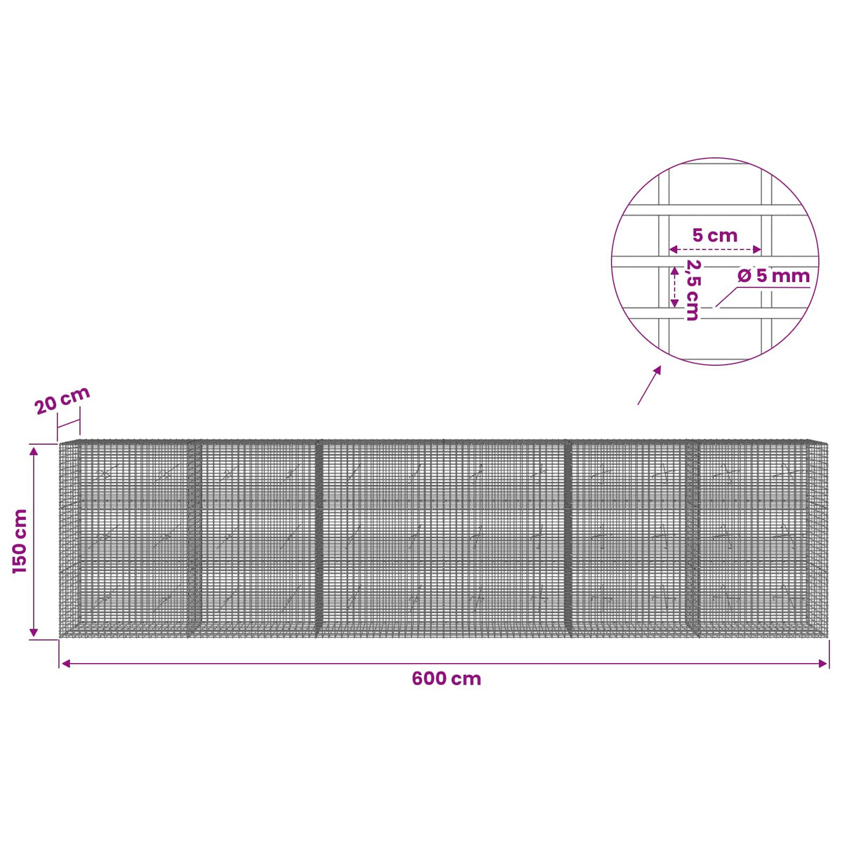 Gabion with 5 mm Wire and 5x2.5 cm Mesh 600x20x150 cm