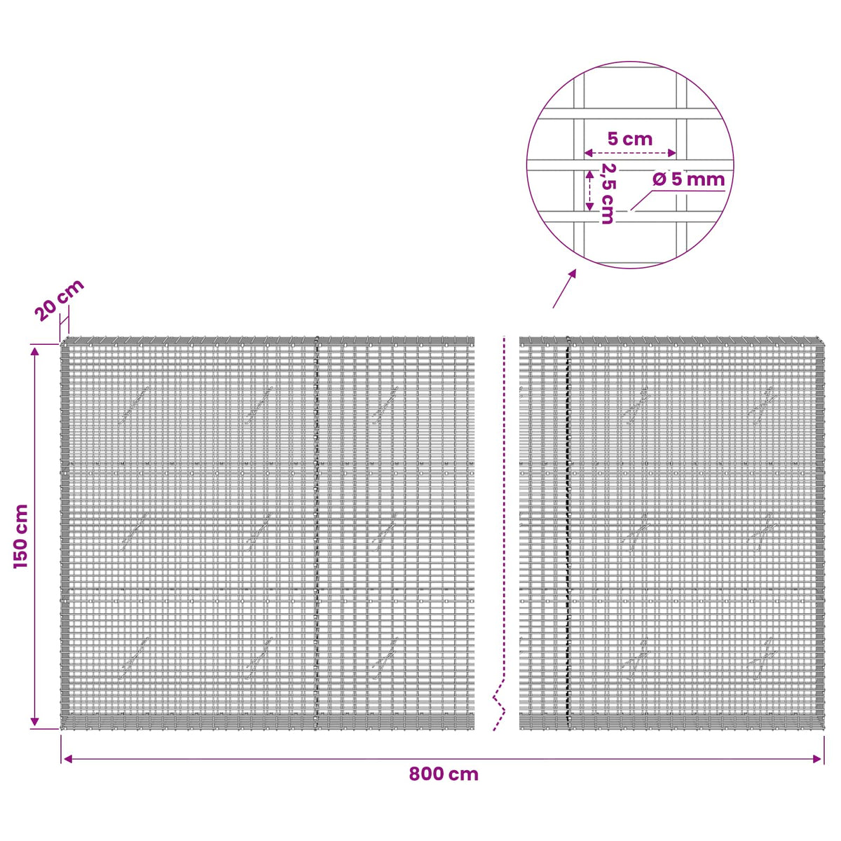 Gabion with 5 mm Wire and 5x2.5 cm Mesh 800x20x150 cm