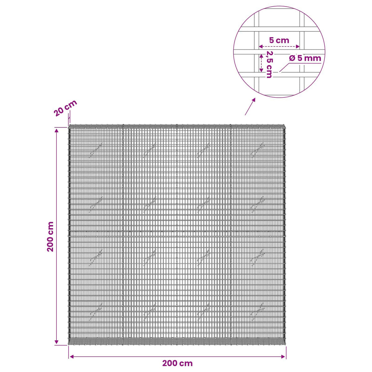 Gabion with 5 mm Wire and 5x2.5 cm Mesh 200x20x200 cm