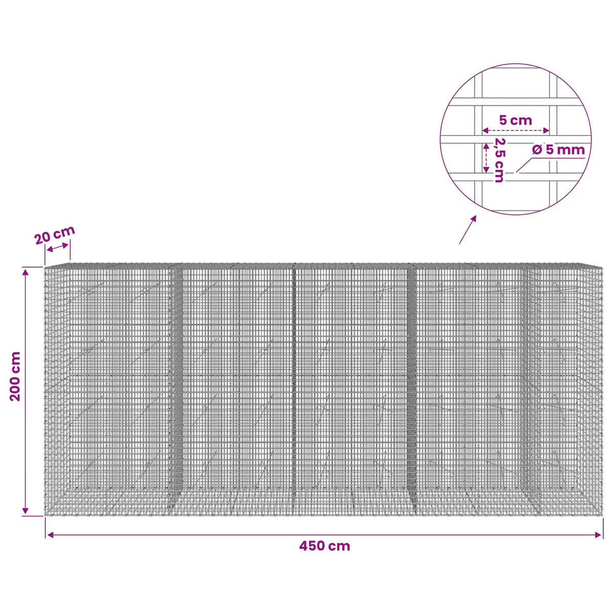 Gabion with 5 mm Wire and 5x2.5 cm Mesh 450x20x200 cm