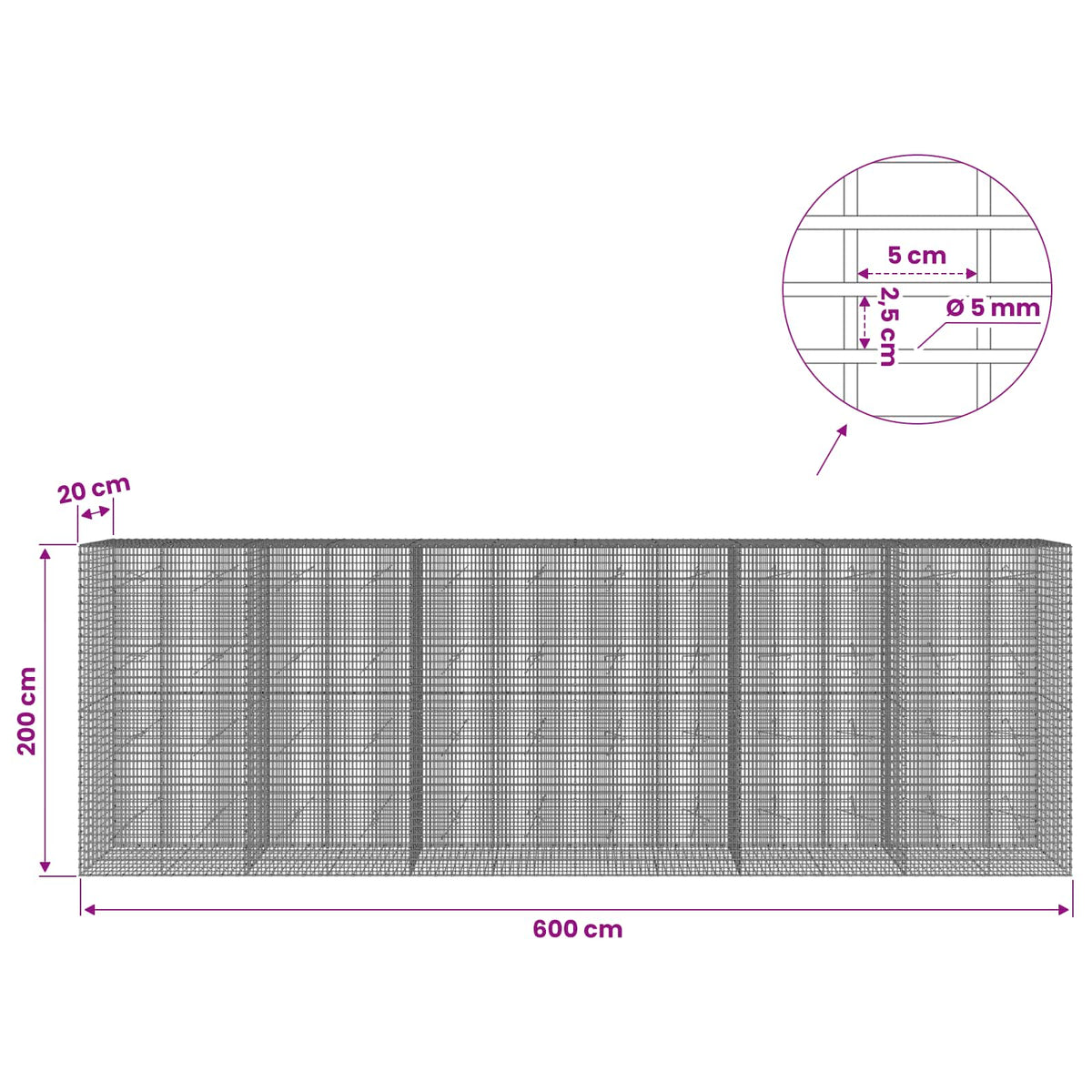 Gabion with 5 mm Wire and 5x2.5 cm Mesh 600x20x200 cm