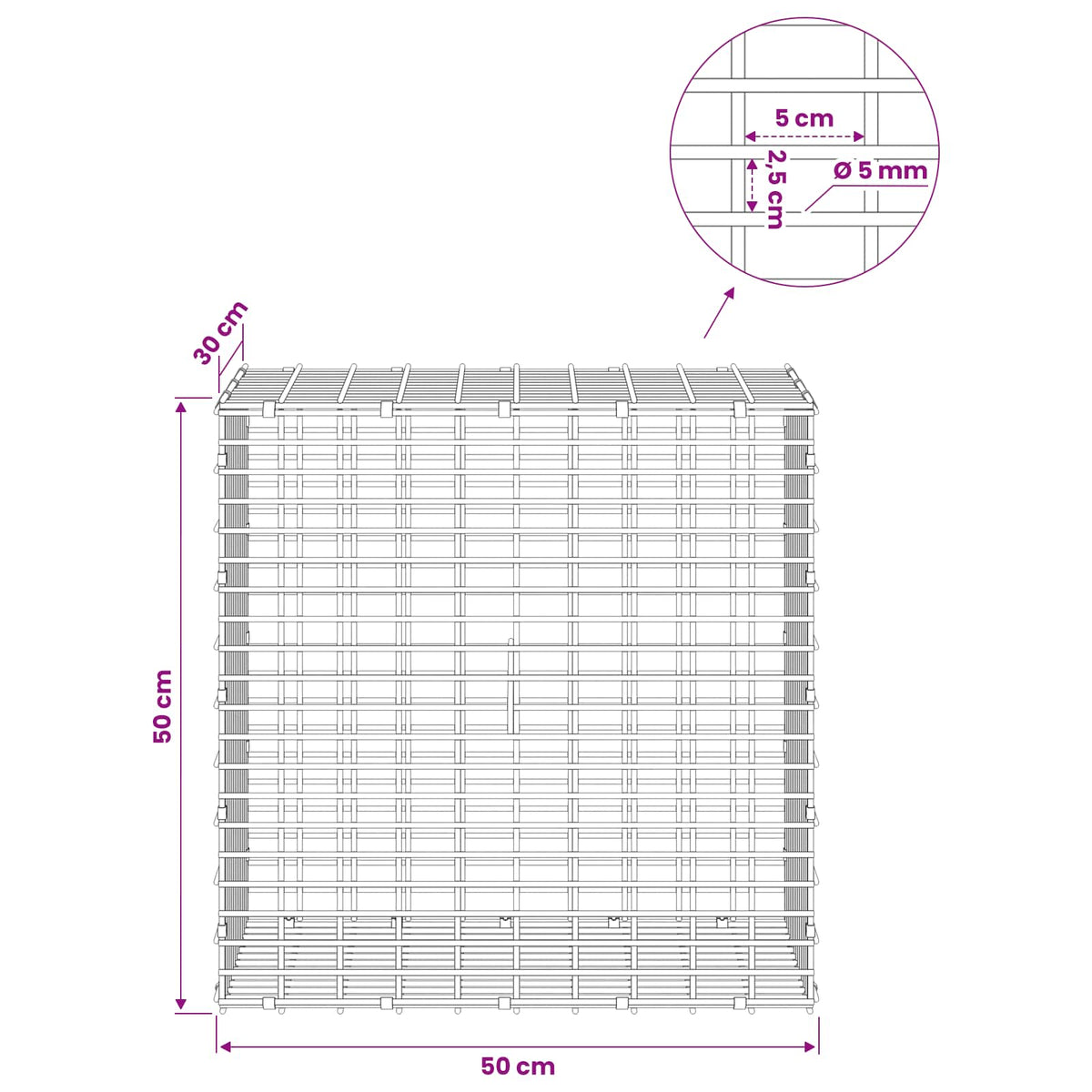 Gabion with 5 mm Wire and 5x2.5 cm Mesh 50x30x50 cm