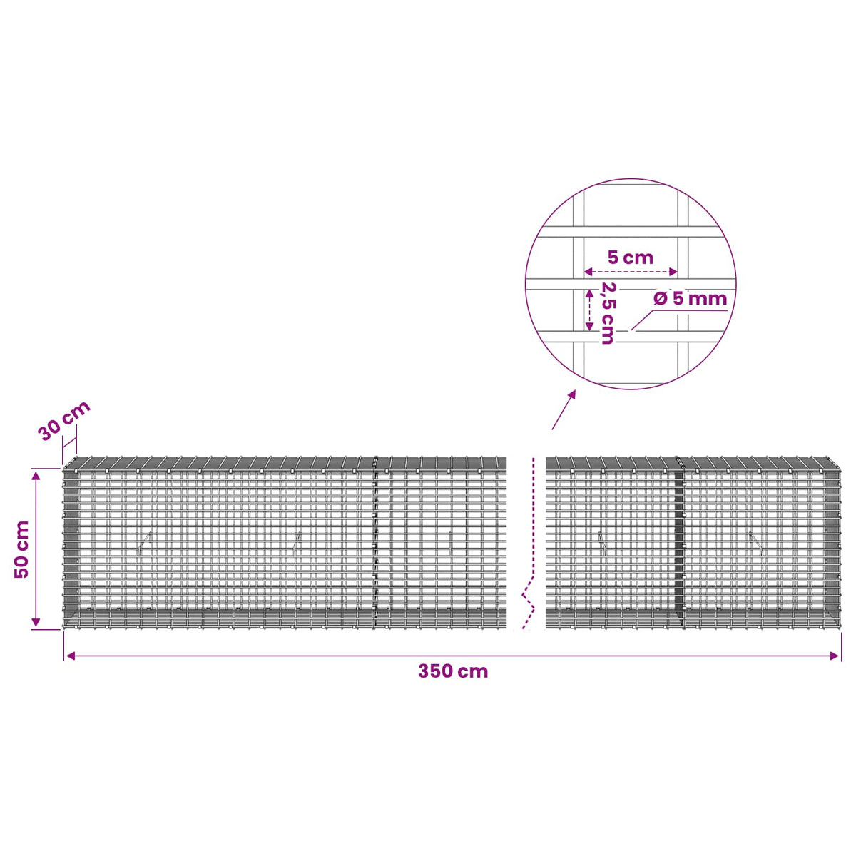 Gabion with 5 mm Wire and 5x2.5 cm Mesh 350x30x50 cm