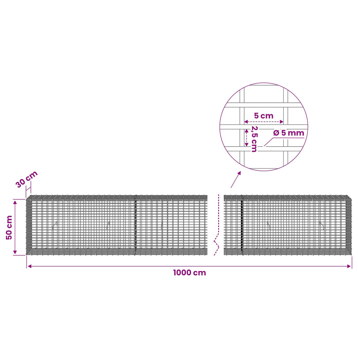 Gabion with 5 mm Wire and 5x2.5 cm Mesh 1000x30x50 cm