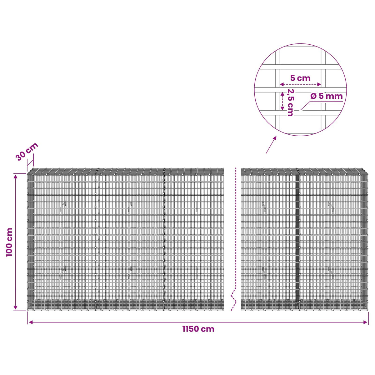 Gabion with 5 mm Wire and 5x2.5 cm Mesh 1150x30x100 cm