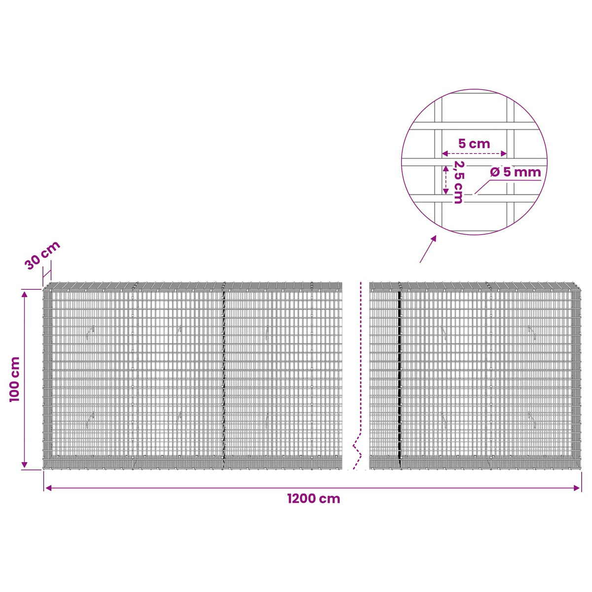 Gabion with 5 mm Wire and 5x2.5 cm Mesh 1200x30x100 cm