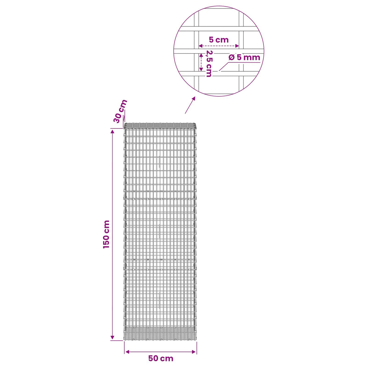 Gabion with 5 mm Wire and 5x2.5 cm Mesh 50x30x150 cm