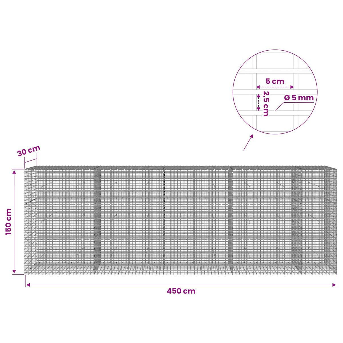 Gabion with 5 mm Wire and 5x2.5 cm Mesh 450x30x150 cm