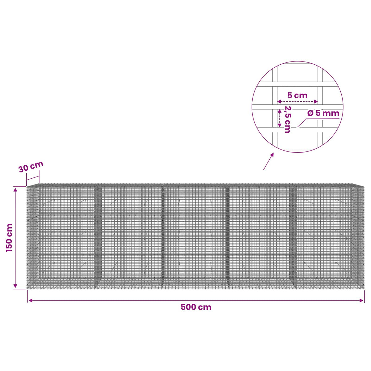 Gabion with 5 mm Wire and 5x2.5 cm Mesh 500x30x150 cm