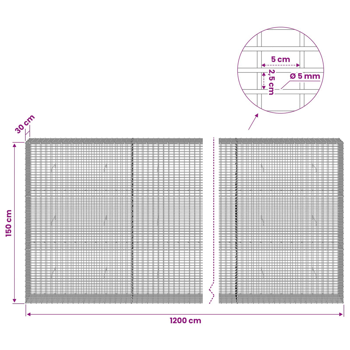 Gabion with 5 mm Wire and 5x2.5 cm Mesh 1200x30x150 cm