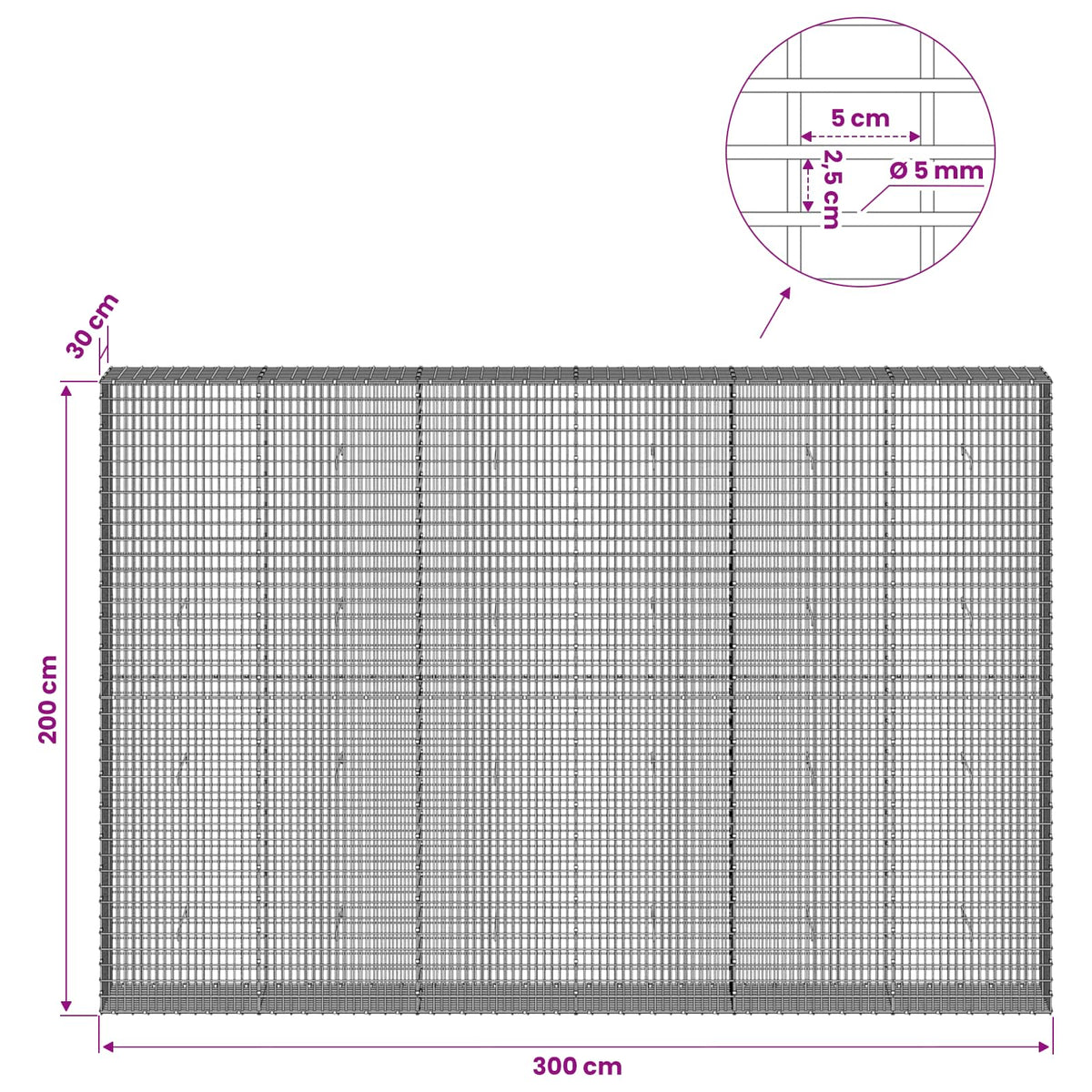 Gabion with 5 mm Wire and 5x2.5 cm Mesh 300x30x200 cm