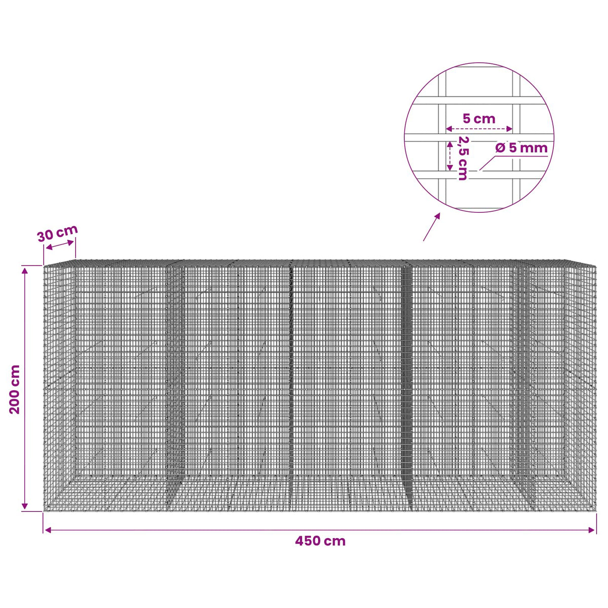 Gabion with 5 mm Wire and 5x2.5 cm Mesh 450x30x200 cm