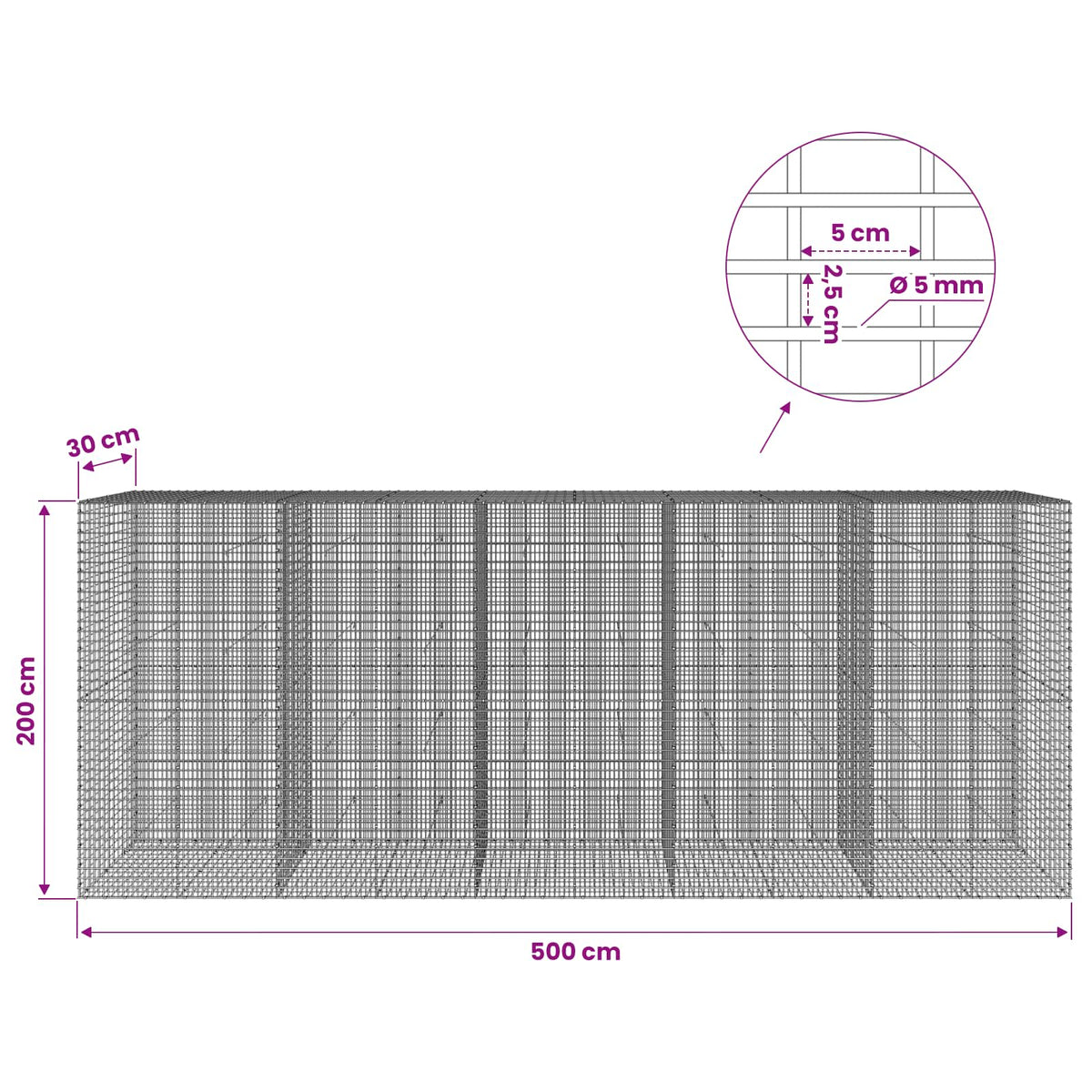 Gabion with 5 mm Wire and 5x2.5 cm Mesh 500x30x200 cm