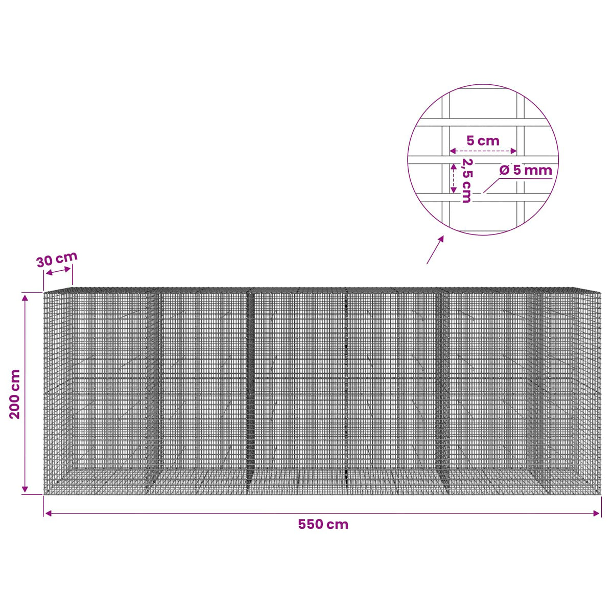 Gabion with 5 mm Wire and 5x2.5 cm Mesh 550x30x200 cm