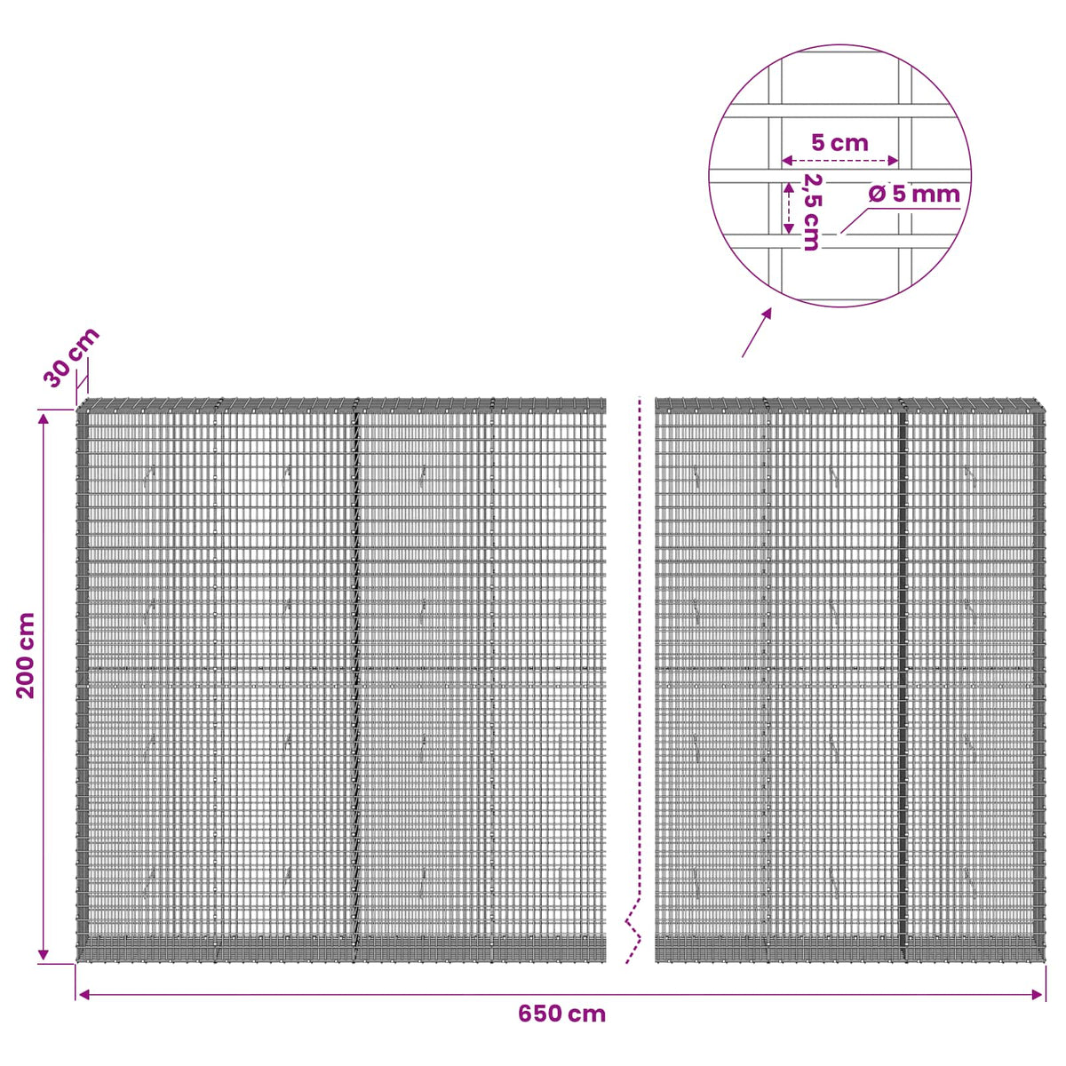 Gabion with 5 mm Wire and 5x2.5 cm Mesh 650x30x200 cm