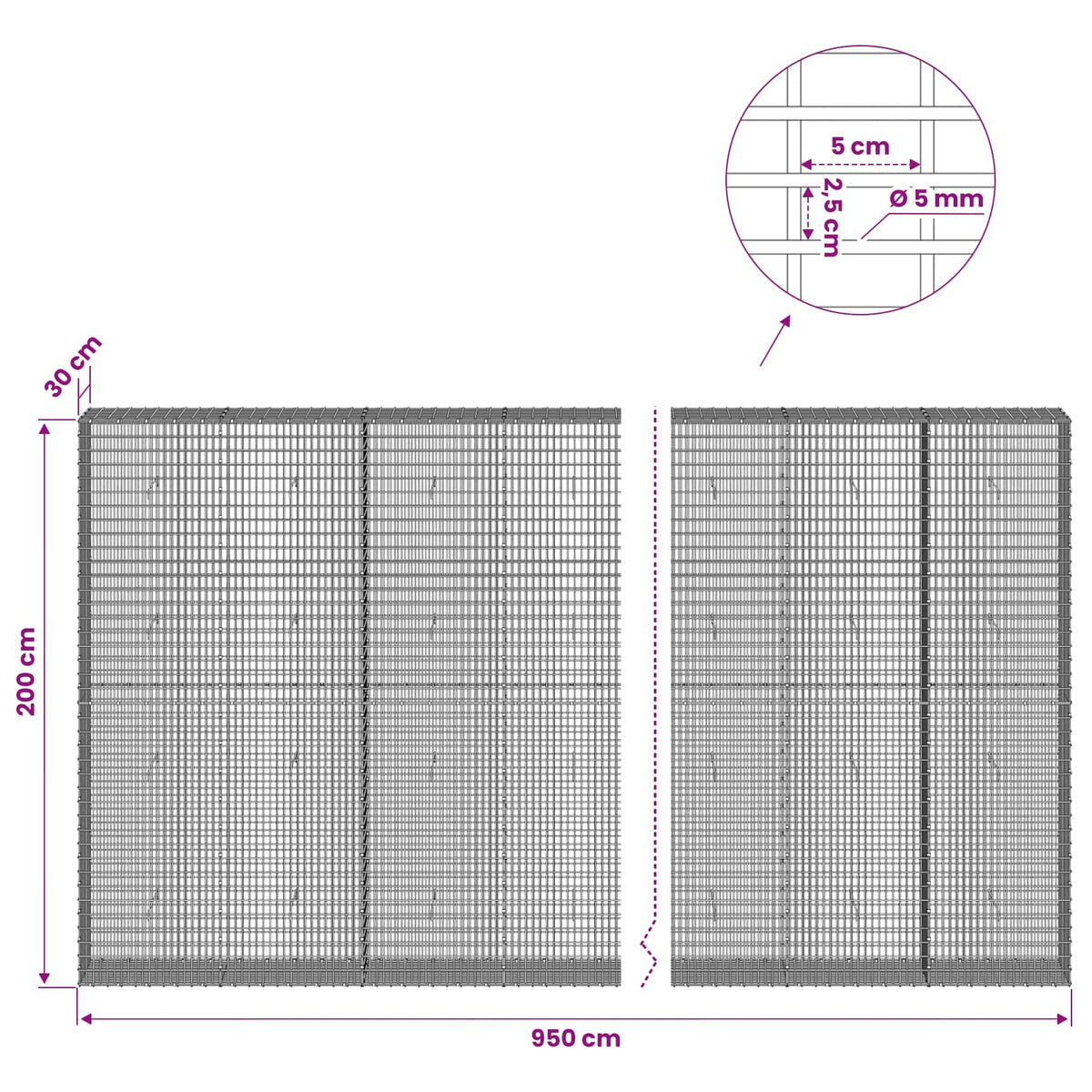 Gabion with 5 mm Wire and 5x2.5 cm Mesh 950x30x200 cm