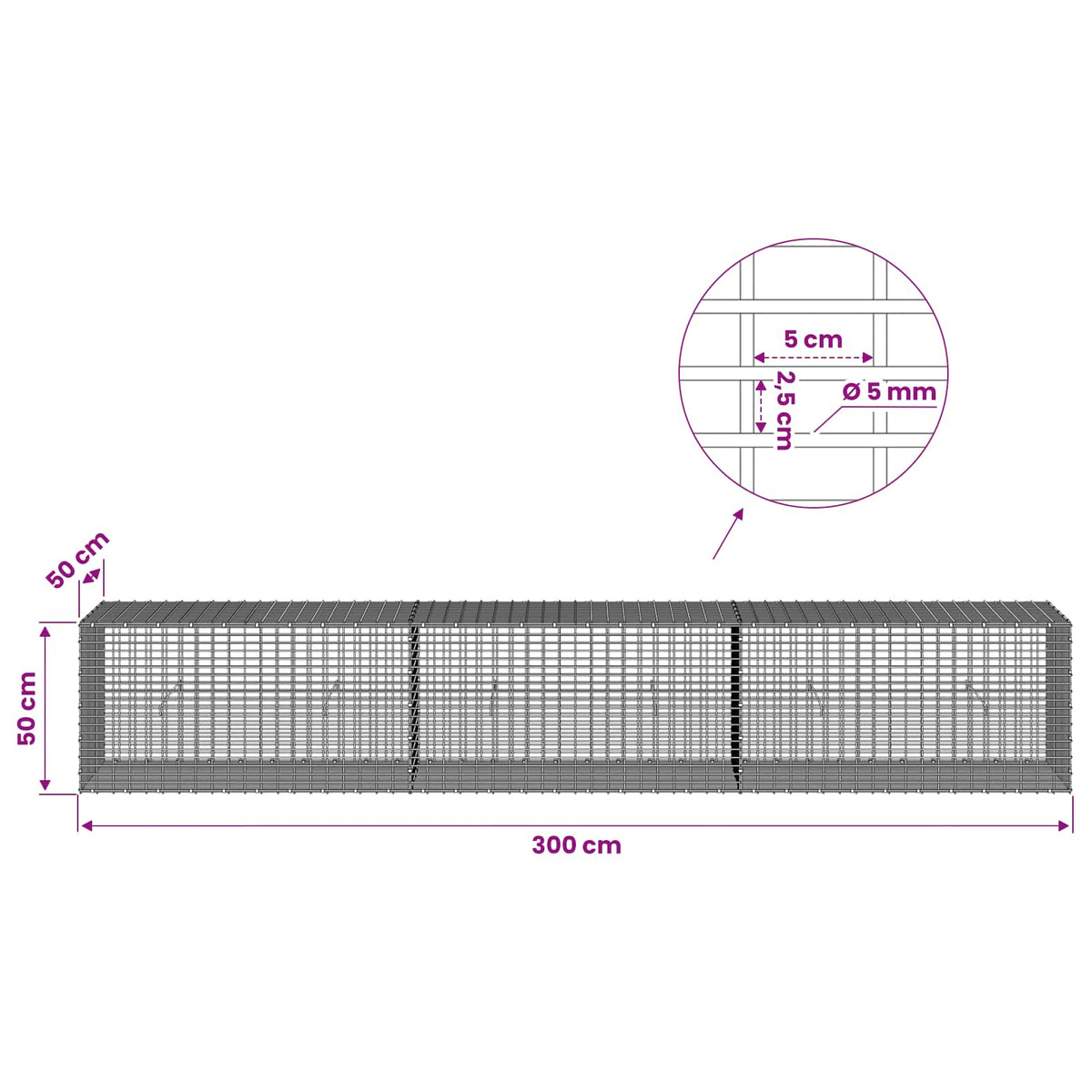 Gabion with 5 mm Wire and 5x2.5 cm Mesh 300x50x50 cm