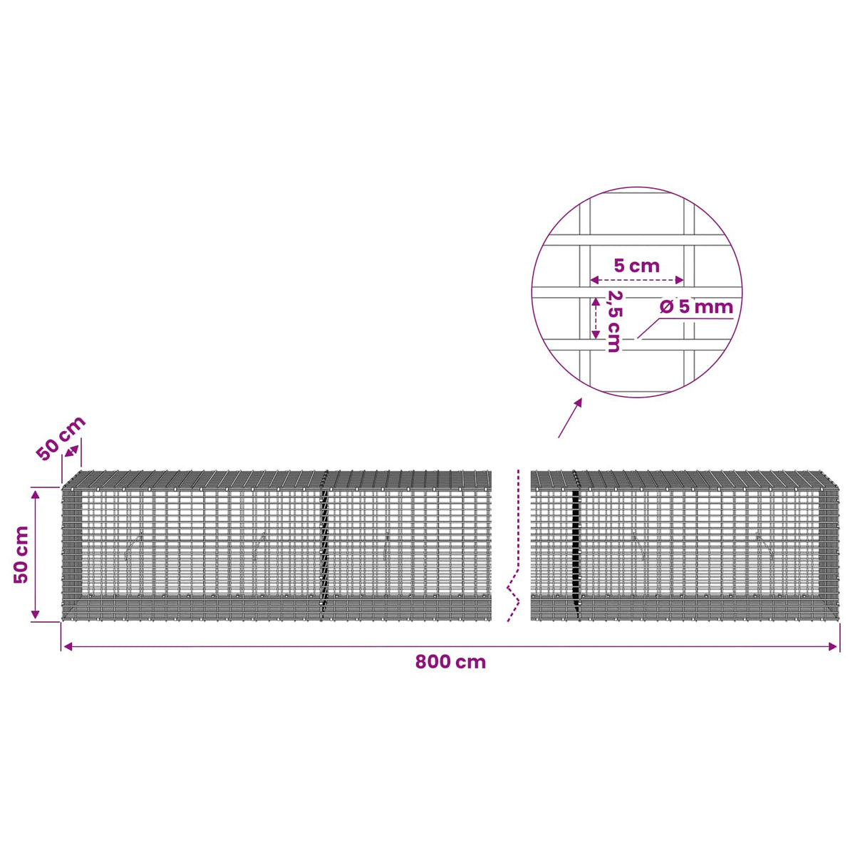 Gabion with 5 mm Wire and 5x2.5 cm Mesh 800x50x50 cm