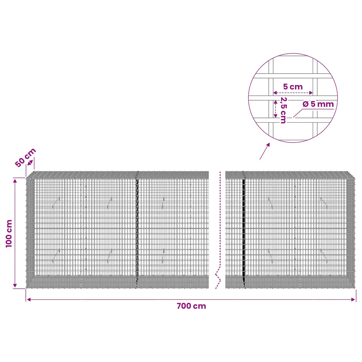 Gabion with 5 mm Wire and 5x2.5 cm Mesh 700x50x100 cm