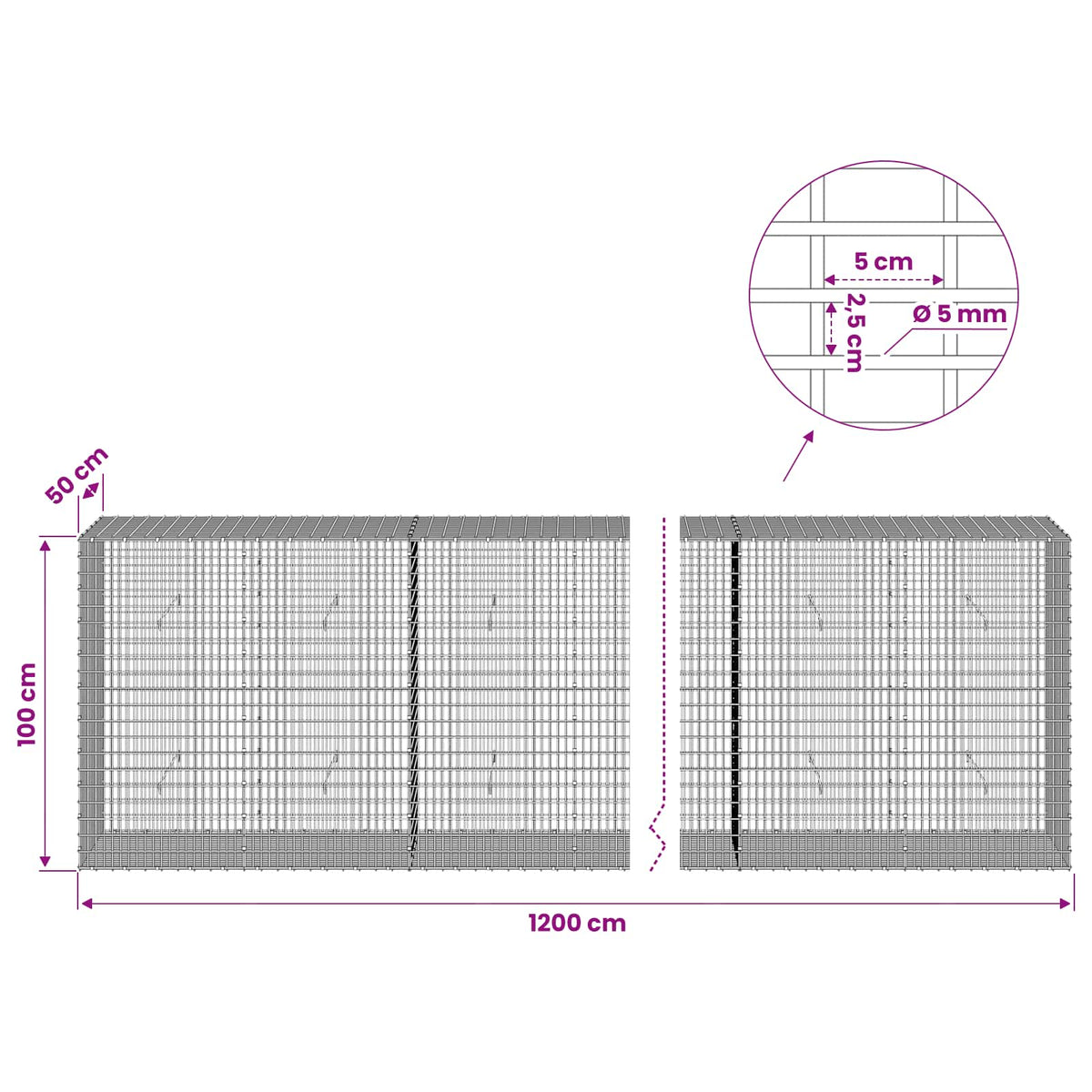 Gabion with 5 mm Wire and 5x2.5 cm Mesh 1200x50x100 cm